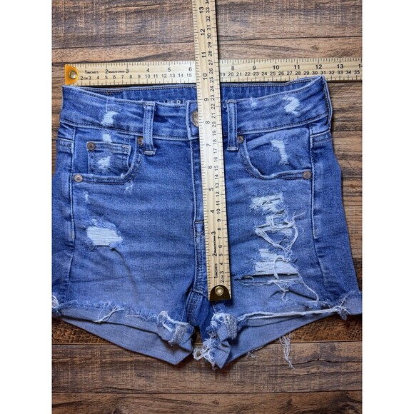 American Eagle Shorts Womens 00 Hi-Rise Shortie Denim Distressed Cutoff Ripped - Picture 9 of 10